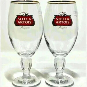 Stella Artois Original Belgium Gold Rimmed Beer Glass Chalice 33CL Set Of 2